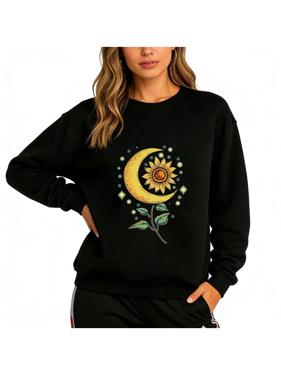 Women's Graphic Sweatshirt Sunflower Moon Print Crew Neck Pullover S-3XL