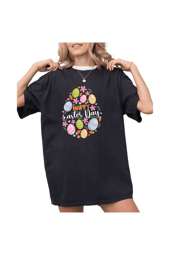 Black Print T-Shirt Graphic Tee S-5XL Easter Egg Pattern Print Cozy Casual Trendy Tops