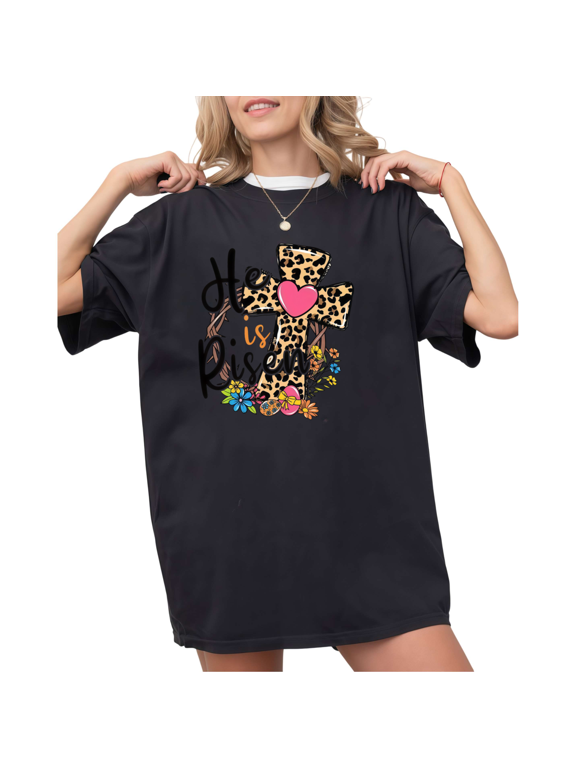Black Print T-Shirt Graphic Tee S-5XL He Is Risen Leopard Cross Print Easter Christian Tops