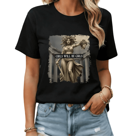 Black Print T-Shirt Graphic Tee S-5XL Medusa Girls Will Be Girls Print Greek Mythology Casual Tops