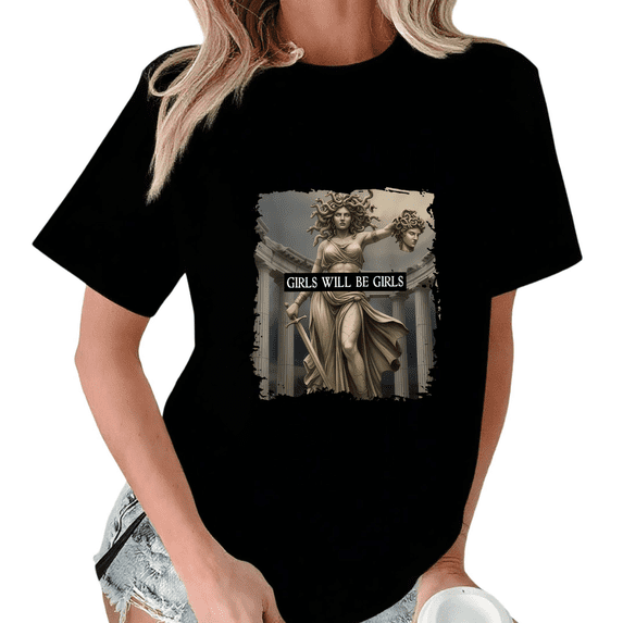 Black Print T-Shirt Graphic Tees Shirts S-5XL Greek Mythology Medusa Statue Print Bold Statement Tops