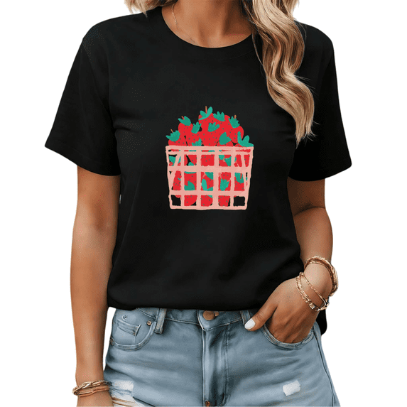Black Print T-shirt Graphic Tees Cute Strawberry Basket Print Summer Picnic Shirts S-5XL Tops