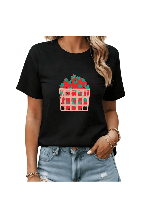 Black Print T-shirt Graphic Tees Cute Strawberry Basket Print Summer Picnic Shirts S-5XL Tops