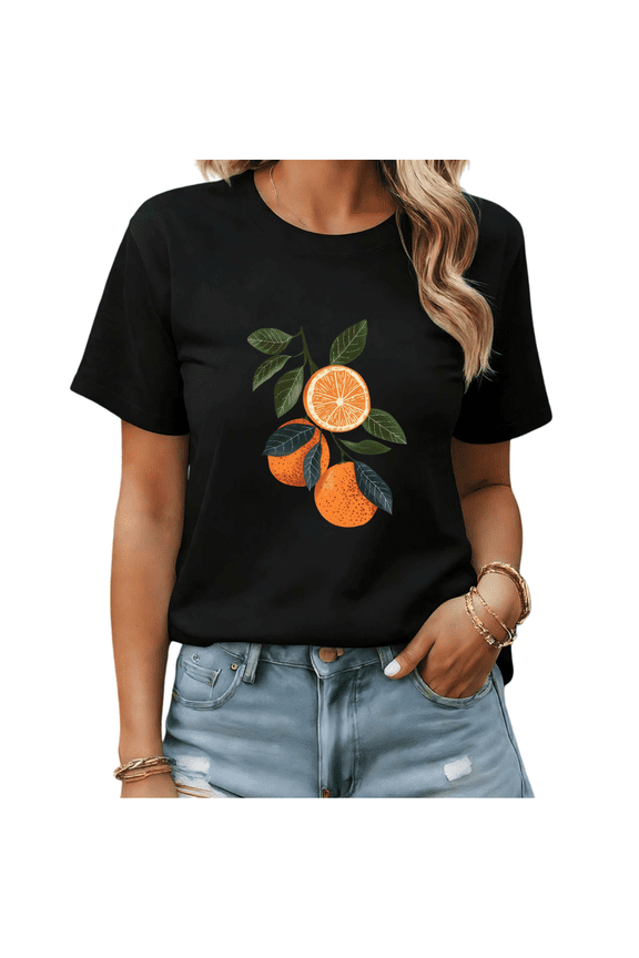 Black Print T-shirt Graphic Tees Modern Orange Print Fruit Lover Gift Shirts S-5XL Tops