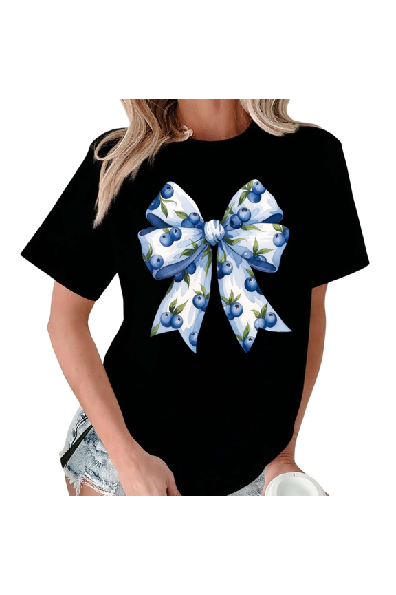 Black Print Tshirt Blueberry Bow Pattern Sweet Style Shirts S-5XL Tops