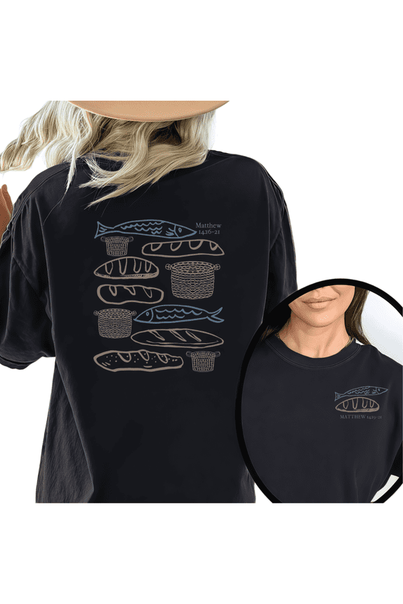 Black Print Tshirt Graphic Tees Loose Shirts Five Loaves Two Fish Matthew 14:16-21 Top for Commute Faith S-5XL Tops