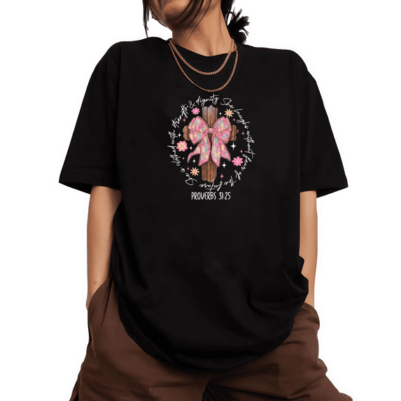 Black Print Tshirt Cotton Graphic Tees Shirts Sparkly Iridescent Bow Wooden Cross Proverbs 31:25 Christian Motif Women’s Fellowship Gathering Wear S-5XL Plain Tops