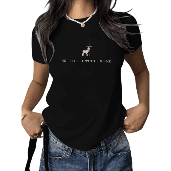 Black Print Tshirt Cotton Graphic Tees Shirts Sweet Beige Lamb Cross HE LEFT THE 99 TO FIND ME Christian Phrase Commute Faith S-5XL Plain Tops