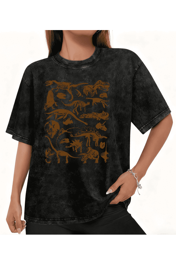 Black Print Tshirt Dinosaur Skeleton Graphic Tees Casual Shirts for Women Paleontology Theme Daily Casual Oversized Tops S-2XL