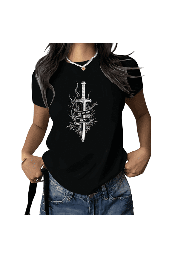 Black Print Tshirt Fantasy Sword Graphic Tees Shirts Gothic Medieval Warrior Aesthetic Dark Fantasy Casual Cotton Tee S 5XL Tops