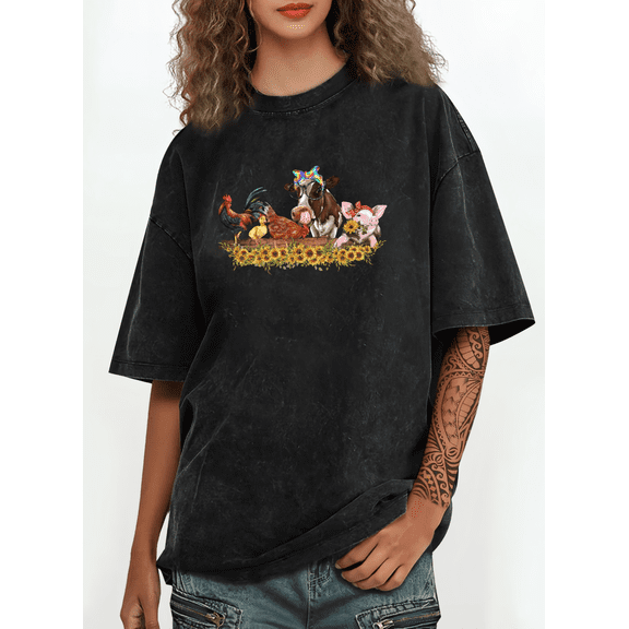 Black Print Tshirt Farm Animal Sunflower Graphic Tees Casual Shirts for Women Countryside Theme Daily Wear Oversized Tops S-2XL