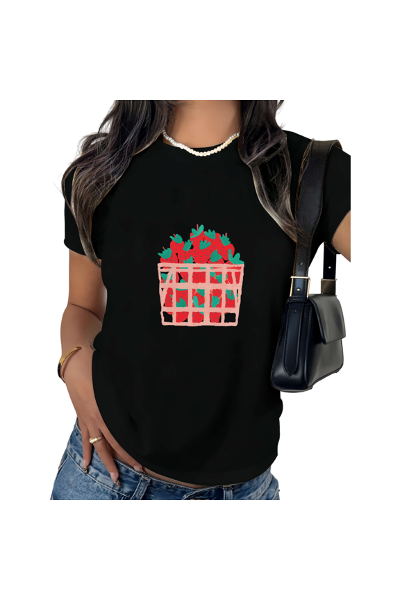 Black Print Tshirt Graphic Tees Basket Strawberry Street Style Cute Casual Wear S-5XL Tops
