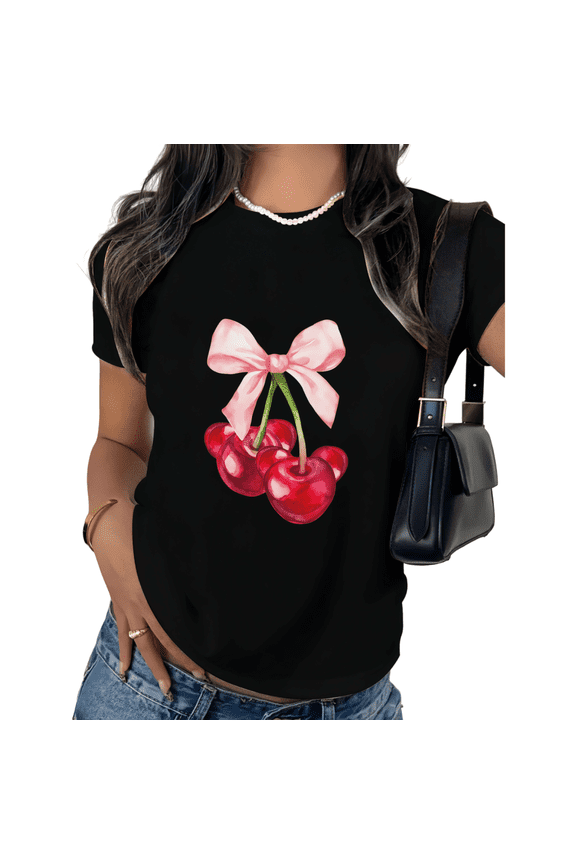 Black Print Tshirt Graphic Tees Cherry Heart Bow Coquette Coquette Inspired Personalized Graphic Wear S-5XL Tops