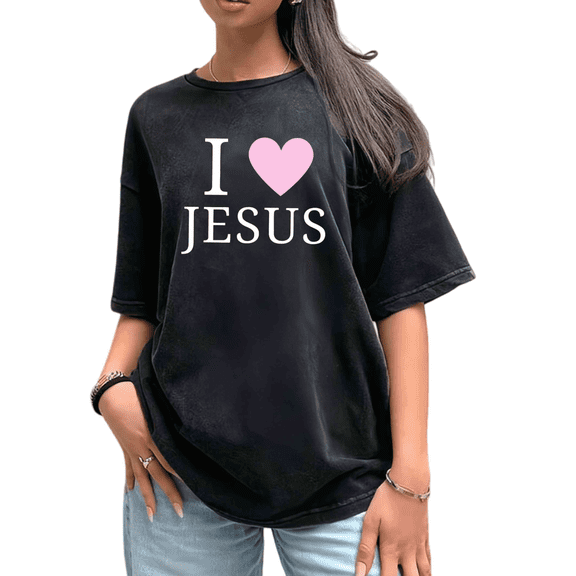 Black Print Tshirt Graphic Tees Cotton Shirts Sweet Pink Heart I LOVE JESUS Christian Motif Youth Fellowship Gathering Wear S-2XL Plain Tops