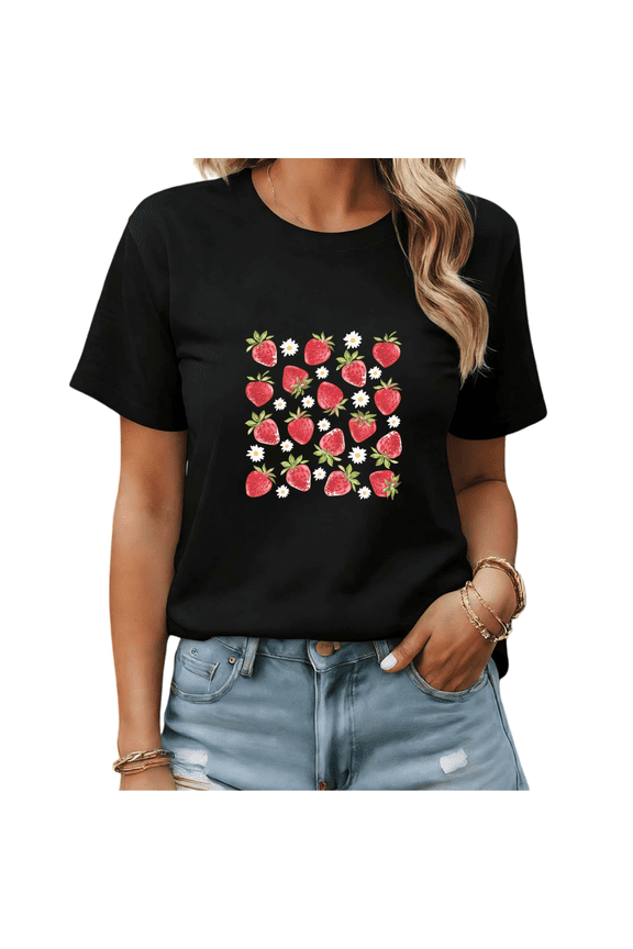 Black Print Tshirt Graphic Tees Delicate Strawberry Illustration Lightweight Shirts S-5XL Tops
