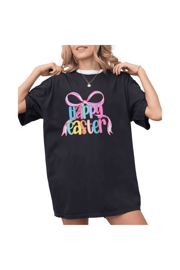 Black Print Tshirt Graphic Tees Happy Easter Bow Pastel Casual Shirts S-5XL Tops