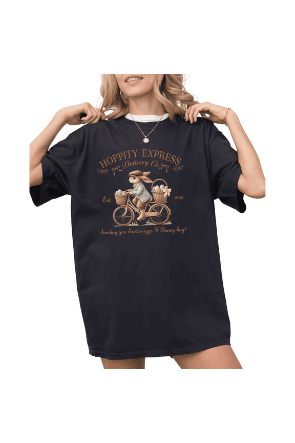 Black Print Tshirt Graphic Tees Hoppity Express Easter Bunny Bicycle Shirts S-5XL Tops