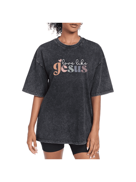 Black Print Tshirt Graphic Tees Cotton Shirts Inspirational Soft Gradient Font love like Jesus Christian Design Church Worship Wear S-2XL Plain Tops
