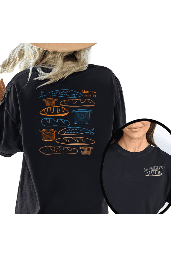 Black Print Tshirt Cotton Graphic Tees Shirts Multi Tone Five Loaves Two Fish Matthew 14:19-21 Top for Commute Faith S-5XL Plain Tops