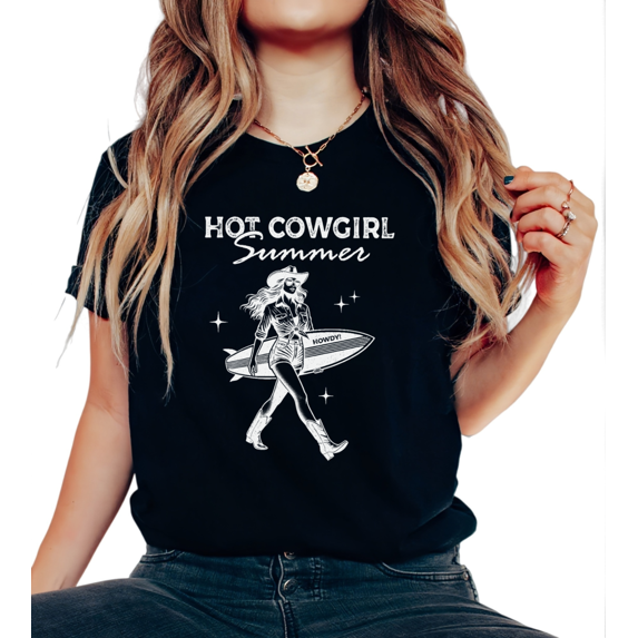 Black Print Tshirt Graphic Tees Loose Shirts S-5XL HOT COWGIRL Summer Trendy Cowgirl Surfboard HOWDY White Print Plain Western Tops