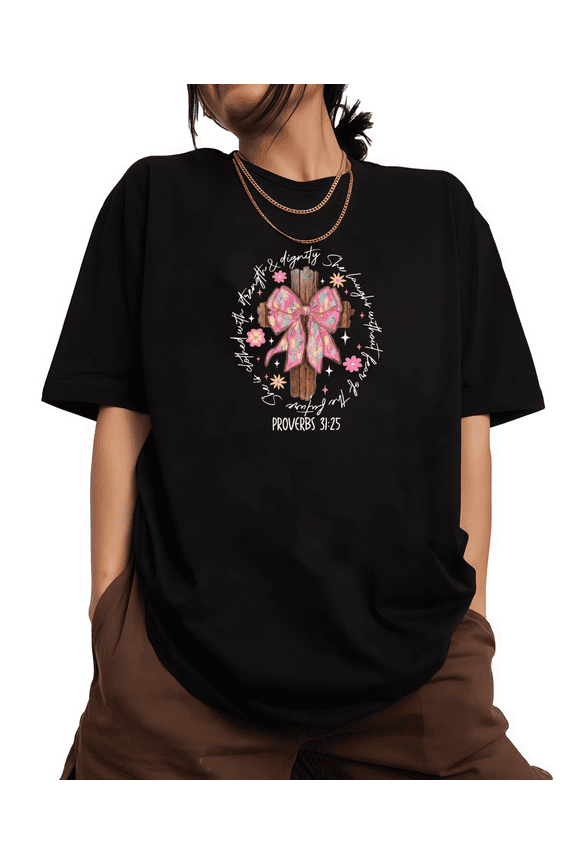 Black Print Tshirt Graphic Tees Loose Shirts Sparkly Iridescent Bow Wooden Cross Proverbs 31:25 Christian Motif Women’s Fellowship Gathering Wear S-5XL Tops
