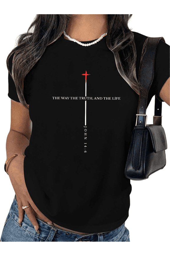 Black Print Tshirt Graphic Tees Loose Shirts Striking Red Cross White THE WAY THE TRUTH THE LIFE John 14:6 Christian Phrase Commute Faith S-5XL Tops