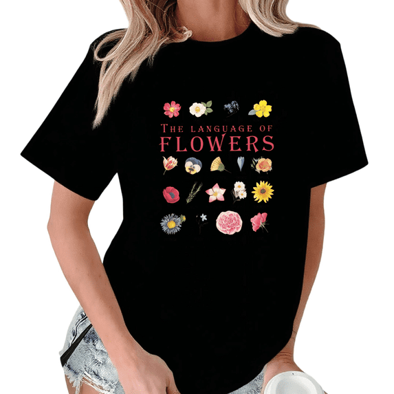 Black Print Tshirt Graphic Tees Shirts Botanical Flowers Guide Print Summer Outfit S-5XL Tops