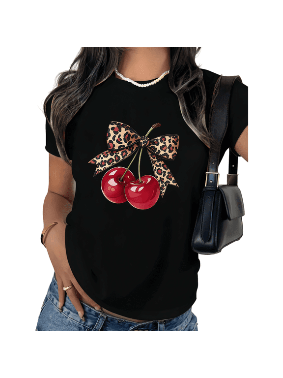 Black Print Tshirt Graphic Tees Shirts Cherry Leopard Bow Cute Fashion Casual Wear Size S-5XL Tops