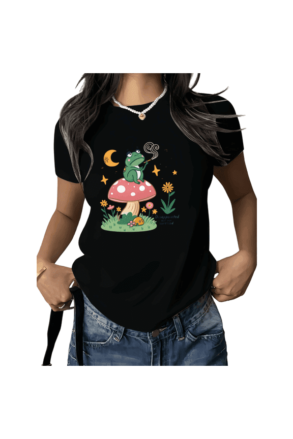 Black Print Tshirt Graphic Tees Shirts Cute Frog Humor Casual Summer S 5XL Tops