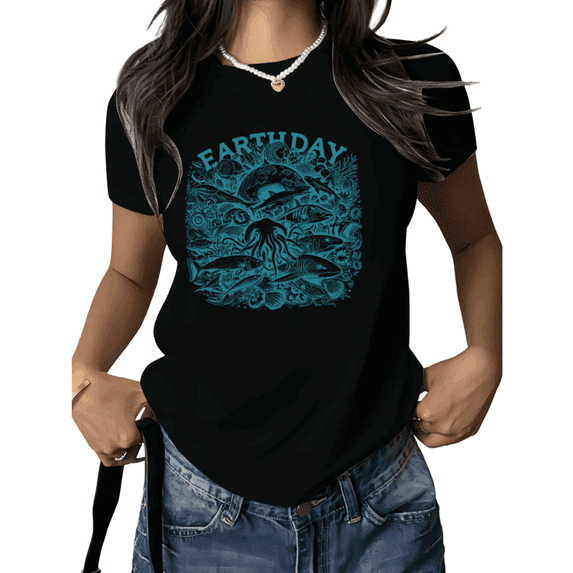 Black Print Tshirt Graphic Tees Shirts Earth Day Ocean S 5XL Tops