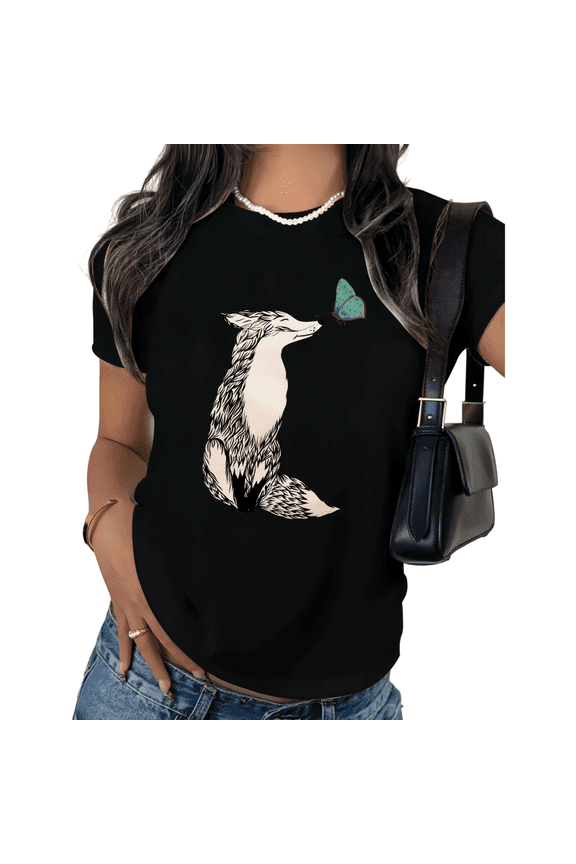 Black Print Tshirt Graphic Tees Shirts Fox Butterfly Nature Art Size S-5XL Tops