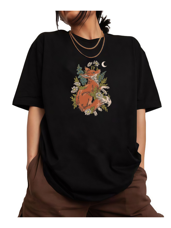 Black Print Tshirt Graphic Tees Shirts Fox Floral Moonlight Design Casual Daily Whimsical Nature Themed Wear Tops S-5XL