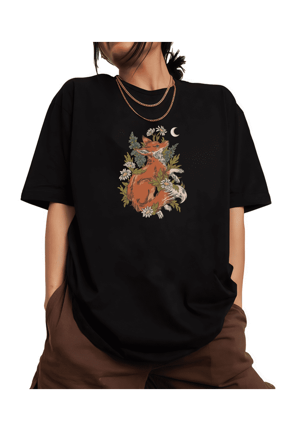Black Print Tshirt Graphic Tees Shirts Fox Floral Moonlight Design Casual Daily Whimsical Nature Themed Wear Tops S-5XL