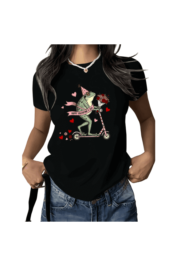 Black Print Tshirt Graphic Tees Shirts Happy Valentine Frog Scooter Cute Love Gift S 5XL Tops