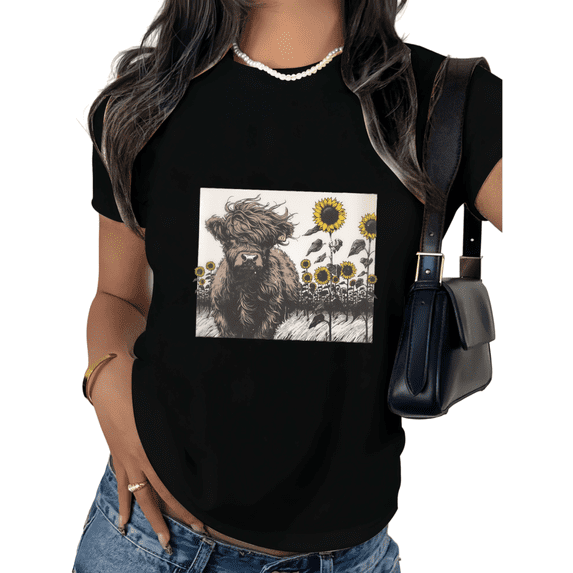 Black Print Tshirt Graphic Tees Shirts Highland Cow Sunflower Field Daily Casual Relaxing Vintage Inspired Tops S-5XL Tops