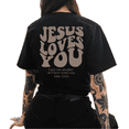 thumbnail image 1 of Black Print Tshirt Graphic Tees Shirts Jesus Loves You Neutral Retro Letter Christian Scripture Back Print Women Tops S-5XL, 1 of 5