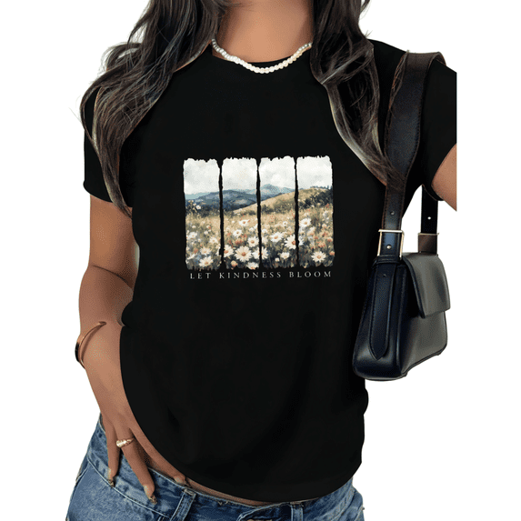 Black Print Tshirt Graphic Tees Shirts Let Kindness Bloom Daily Casual Relaxing Nature Inspired Tops S-5XL Tops