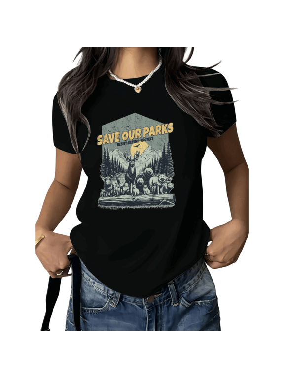 Black Print Tshirt Graphic Tees Shirts Outdoor Conservation Nature S 5XL Tops