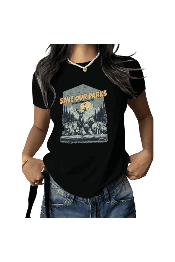 Black Print Tshirt Graphic Tees Shirts Outdoor Conservation Nature S 5XL Tops