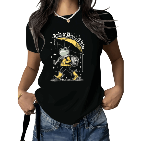 Black Print Tshirt Graphic Tees Shirts Rain or Shine Frog Inspirational Cute Casual Summer Gift Back to School S 5XL Tops