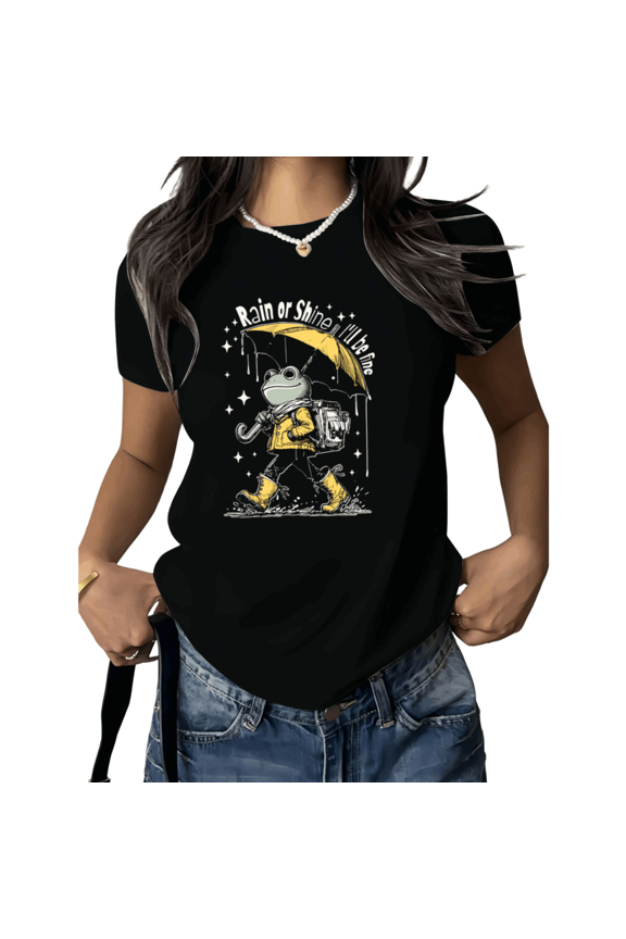 Black Print Tshirt Graphic Tees Shirts Rain or Shine Frog Inspirational Cute Casual Summer Gift Back to School S 5XL Tops