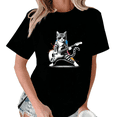 thumbnail image 1 of Black Print Tshirt Graphic Tees Shirts Rock Cat Guitarist Daily Casual Street Style Cat Humor Tops S-5XL Tops, 1 of 5