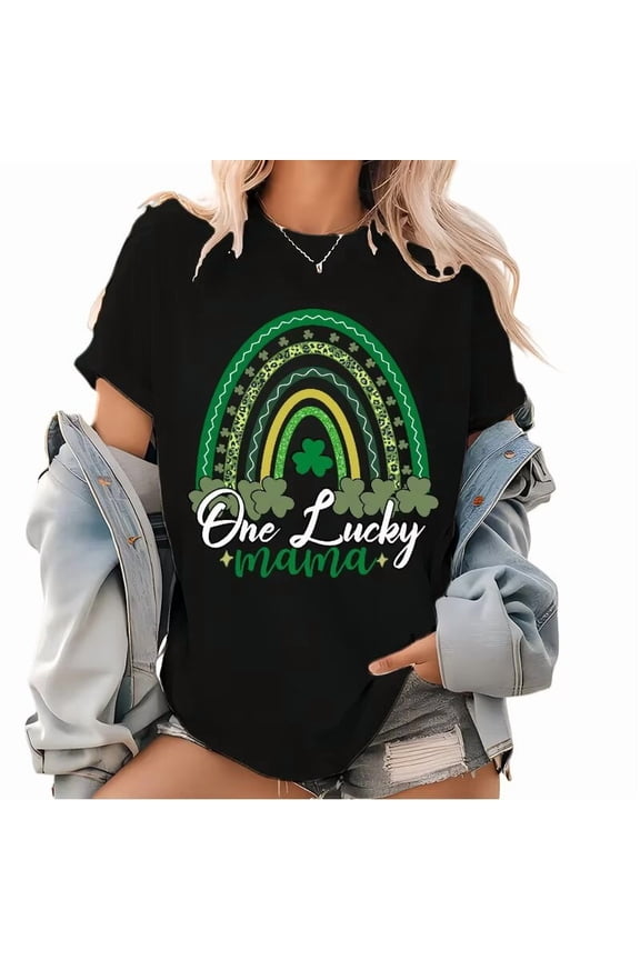 Black Print Tshirt Graphic Tees Shirts S-5XL St Patricks Day Mama Lucky Rainbow for Daily Outfits Tops