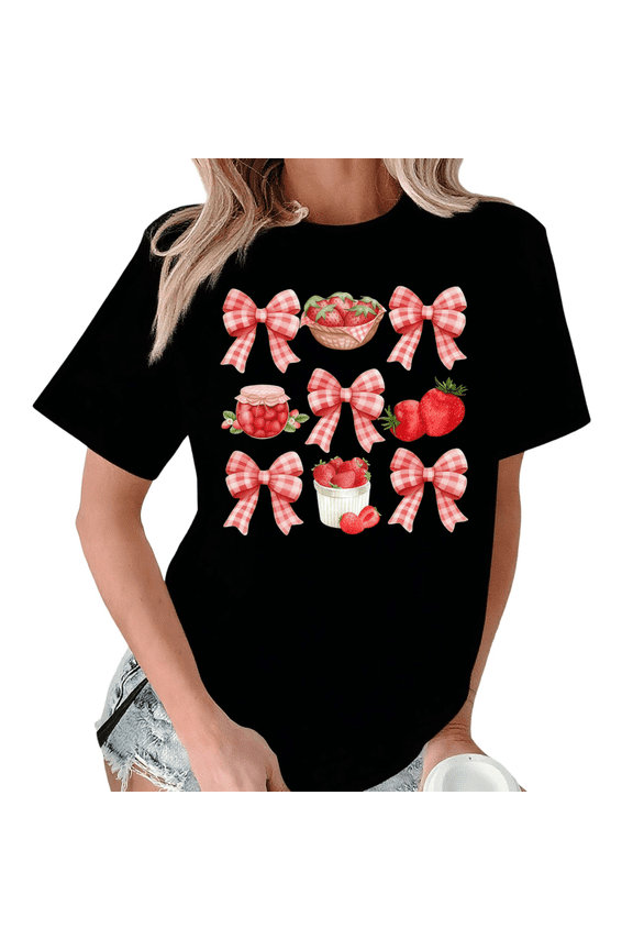 Black Print Tshirt Graphic Tees Shirts S-5XL Strawberry Picnic Pattern Print Cozy Casual Trendy Tops