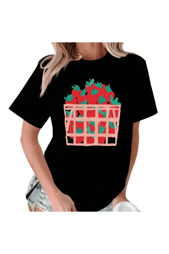 Black Print Tshirt Graphic Tees Shirts S-5XL Stylish Strawberry Crate Print Spring Casual Daily Tops