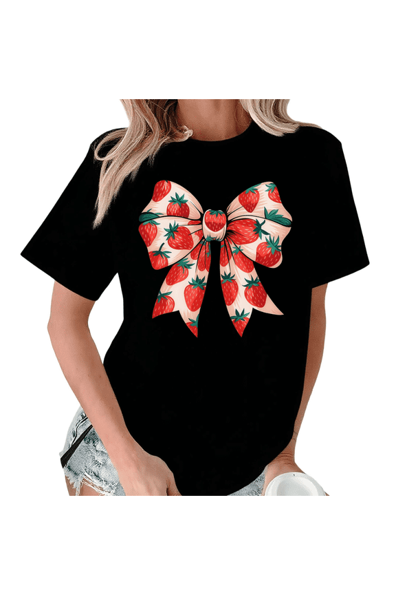 Black Print Tshirt Graphic Tees Shirts S-5XL Trendy Strawberry Bow Print Coquette Casual Stylish Tops