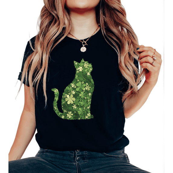 Black Print Tshirt Graphic Tees Shirts St Patrick Day Cat Silhouette Clover Pattern Casual Daily Fashion Tops S-5XL