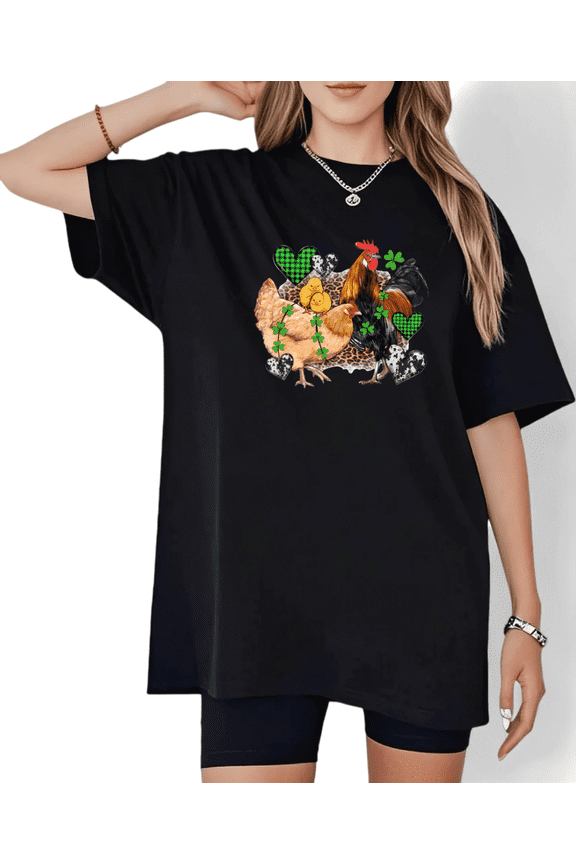 Black Print Tshirt Graphic Tees Shirts St Patrick Day Rooster Hen Chick Heart Clover Design Fashion Loose Fit Wear Tops S-5XL