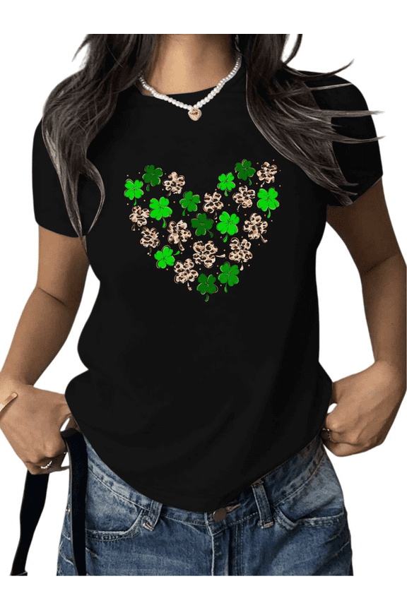 Black Print Tshirt Graphic Tees Shirts St Patrick’s Day Heart Shaped Clover Leopard Pattern Festive Casual Daily Stylish Soft Lightweight Relaxed Fit Tops S-5XL