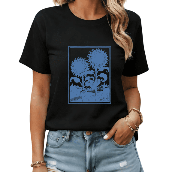 Black Print Tshirt Graphic Tees Shirts Vintage Blue Linocut Sunflower Coquette Inspired Personalized Graphic Wear S-5XL Tops